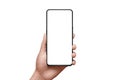 Phone mockup. Girl hand and modern smart phone with thin edges isolated