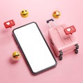 Phone Mockup Pink Suitcase Emoji Online Travel Holiday Concept 3D Rendering