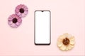 Phone mockup surrounded by sprin flowers Royalty Free Stock Photo