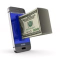 Phone and money on white background. Isolated 3D illustration Royalty Free Stock Photo