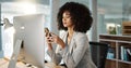 Phone, networking and businesswoman in the office typing a message on the internet or mobile app. Technology, chatting Royalty Free Stock Photo