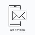 Phone notification flat line icon. Vector outline illustration of mobile reminder. Black thin linear pictogram for inbox