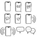 Phone notification icons on white background, sms icon, cell phone, call phone, message, doodle illustration Royalty Free Stock Photo