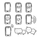 Phone notification icons on white background, sms icon, cell phone, call phone, message, doodle illustration Royalty Free Stock Photo