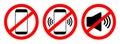 Phone off icon. Sign of mobile ban. Forbidden use cellphone, sound. Stop call symbol in smartphone. Zone of mute telephone. Switch