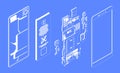 Phone parts blueprint. Wireframe mobile device with dismantled case and screen, wireless gadget with battery and SIM