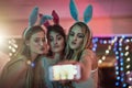 Phone, party or friends take a selfie for a social media profile picture on girls night in celebration of a happy Royalty Free Stock Photo