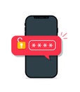 Phone with password code. Secure verification for authorization of account. Concept of personal access, smartphone security, user