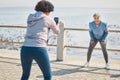 Phone, photograph and friends laugh of senior women at beach with funny joke at sea for fitness. Exercise, mobile and