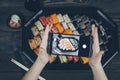 Phone photography. Picture of dishes from above. Sushi plate.