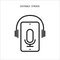 Phone podcast icon. Microphone, smartphone and earphone line symbol