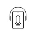 Phone podcast icon. Microphone, smartphone and earphone line symbol