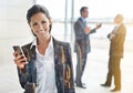 Phone, portrait and business woman with double exposure of city for corporate networking and online chat. Cellphone Royalty Free Stock Photo