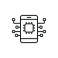 Phone processor chip, icon in line design. Phone, processor, chip, smartphone, technology, microchip, circuit on white