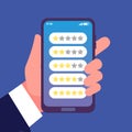 Phone rating scales. Hand holding smartphone, feedback or review stars vector concept