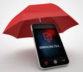 Phone and red umbrella protect concept