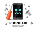 Phone repair fix poster background vector illustration. phone with screwdriver and screws