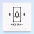 Phone ring: bell ringing on mobile screen thin line icon. Modern vector illustration