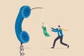 Phone scam, telephone call lying about fake investment, fraud to steal money from victim, financial crime concept, greedy man