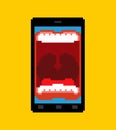 Phone is screaming pixel art. 8 bit Smartphone with an open mouth swears. Angry gadget pixelated Royalty Free Stock Photo