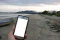 Phone Screen Advertisement Mockup Beach View Ocean Sunset Fiji Pacific Royalty Free Stock Photo