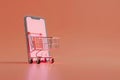 Phone screen emitting light on bright peach background with shopping cart AI Image Royalty Free Stock Photo