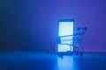 Phone screen emitting light with shopping cart on blue background AI Image Royalty Free Stock Photo