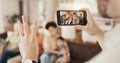 Phone screen, hand or countdown for family picture, photography and memory photo of home bonding, love and care. Home Royalty Free Stock Photo