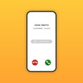 Phone screen incoming call mockup. Mobile interface accept decline buttons slide to answer on yellow background. Vector ui design Royalty Free Stock Photo