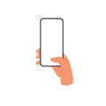 Phone screen mockup in hand. Thumb clicking smartphone. Flat vector illustration isolated on white Royalty Free Stock Photo