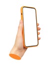 Phone screen mockup held in hand, displaying a blank, empty frame. Orange smartphone, isolated on Royalty Free Stock Photo