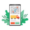 A phone screen with a truck call application surrounded by foliage. Mobile App at the choice of the best carrier and