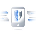 Shield symbol on smartphone screen, phone security technology, personal device access, screen scanning