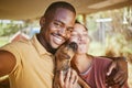 Phone selfie, dog and couple hug, have fun and enjoy bonding quality time together in forest cabin. Love, peace and Royalty Free Stock Photo