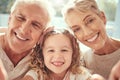 Phone selfie, grandparents and girl child family love to smile, happy and bonding together in support, care and