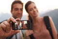 Phone, selfie or happy couple on holiday for travel for memory, social media or sightseeing. Hiking picture, photo and Royalty Free Stock Photo