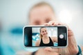 Phone, selfie or happy woman after a swimming exercise, training or workout with photograph. Relax, screen or hand of