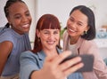 Phone selfie, office and business people, women or coworkers taking picture for social media. Tech, diversity and group Royalty Free Stock Photo