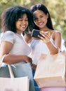 Phone selfie, retail bag and shopping friends post memory picture, gift present or discount sales purchase to social Royalty Free Stock Photo