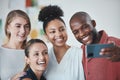 Phone selfie, workplace diversity and team building happy together on break time. Positive, cheerful work environment Royalty Free Stock Photo