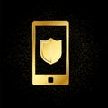 Phone shield, security gold icon. Vector illustration of golden particle background