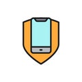 Phone with shield, smartphone protection flat color line icon.
