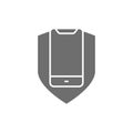 Phone with shield, smartphone protection grey icon.