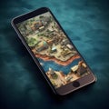 Phone showing an ocean city map GenerativeAI