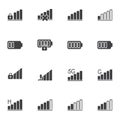 Phone signal and battery vector icons set