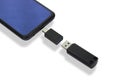 Phone or smartphone with USB OTG data transfer connected to a USB flash drive, read and write any information from Royalty Free Stock Photo