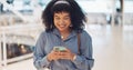 Phone, smile and black woman in a shopping mall reading social media, web and mobile internet text. Happy online Royalty Free Stock Photo