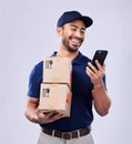 Phone, studio box and laughing delivery man reading online shopping, funny retail info or commercial export sale. Supply