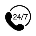 24-7 Phone Support Icon, 24 hours service, handset symbol, black vector sign