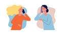 Phone talk. Women girlfriends have conversation. Call center help, girl need to talk. Mother and daughter cellphone Royalty Free Stock Photo
